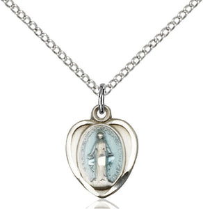 Medium Sterling Heart Shaped Blue Enamel Miraculous Medal on Chain 