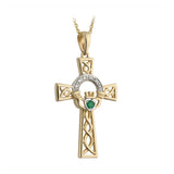 14K GOLD DIAMOND & EMERALD CLADDAGH CROSS PENDANT