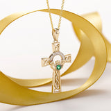 14K GOLD DIAMOND & EMERALD CLADDAGH CROSS PENDANT