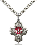 5 Way Medal with Red Enamel Dove in Center in Sterling Silver